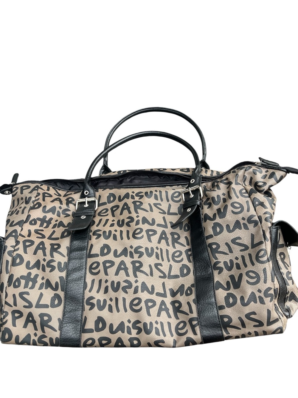 Bueno Beige and Black Graffiti Travel Duffel Bag